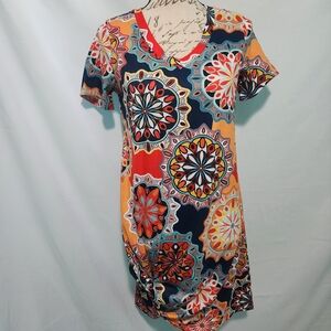 Miselon Orange Geometric Pattern Knot Dress. Size Small. Tropical. Vacation. NWT